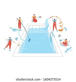 Vector isolated illustration of workers in uniform cleaning a swimming pool with tools. Skimming, brushing, vacuuming, adding chemicals, testing. Pool maintenance basics. 