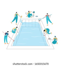 Vector isolated illustration of workers in uniform cleaning a swimming pool with tools. Skimming, brushing, vacuuming, adding chemicals, testing. Pool maintenance basics. 