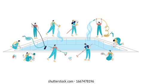 Dibujo vectorial aislado de trabajadores en uniforme limpiando una piscina con herramientas. Skimming, cepillado, vacuuzación, adición de químicos, pruebas. Conceptos básicos para el mantenimiento de la piscina. 