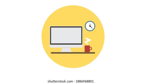 Vector Isolated Illustration of a Workspace, with a Computer, a Cup of Coffee and a Clock. Workspace Flat Icon