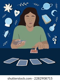 Vector isolated illustration of young girl fortune telling on tarot cards. Prediction of the future. Tarot online. A woman is fortune-telling on cards.