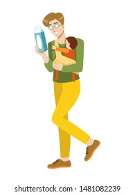 Vector isolated illustration of a young man in glasses walking, holding pack of milk, carrying baby. Single father, care, parent love, happy family, lifestile. Flat design, male character, cartoon 