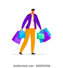 Vector isolated illustration of young man walking with packages from store. Concept shopping. It can be used in web design, banners, etc.