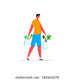 Vector isolated illustration of young man walking with grocery bags from store. The concept of buying food, organic, healthy and natural products. It can be used in web design, banners, etc.