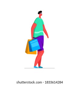 Vector isolated illustration of young man walking with packages from store. The concept of shopping, shopping. It can be used in web design, banners, etc.