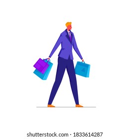 Ilustración vectorial aislada joven, empleado de negocios, traje de oficina, que va con paquetes de la tienda. El concepto de compras, marketing. Se puede usar en diseño web, banners, etc.