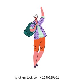 Vector isolated illustration of young man who says Hello by raising his hand up. Concept communication and friendship. You can use it as separate element in composition, etc.