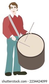 Vector isolated illustration of young man with a drum. Drummer.