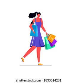 Vector isolated illustration with young woman in sportswear who goes with packages from store. The concept of shopping, shopping for athletes. It can be used in web design, banners, etc.