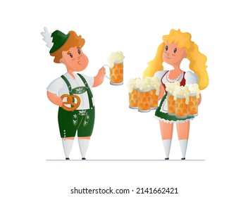 Vector isolated illustration a young woman holding glass mugs with beer, and man with mug and Pretzel. They are dressed in national German, Bavarian costumes. Concept of Oktoberfest, folk festivals.