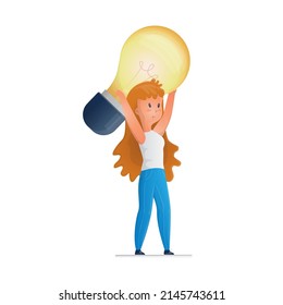 Vector isolated illustration with young woman who shows holding enlarged light bulb in her hands. Concept metaphor of idea, inspiration, creative solution. It can be used in web design, banners, etc.