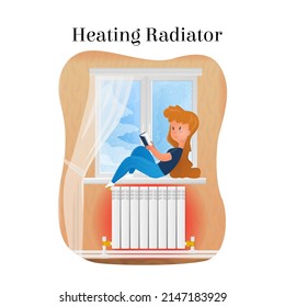 Vector isolated illustration with a young woman reading a book on the windowsill with view of winter, above the radiator. The concept of comfort, heating. It can be used in web design, banners, etc.
