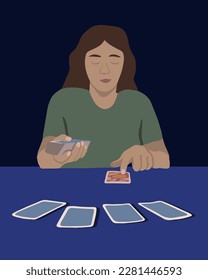 Vector isolated illustration of young woman fortune telling on tarot cards. Prediction of the future. Tarot online.