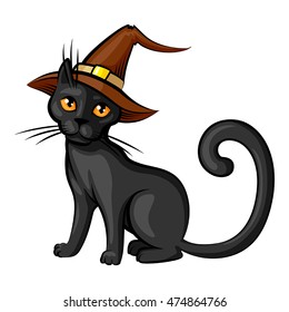 Vector isolated illustrations of cartoon Halloween cat in hat contour color isolated on white background