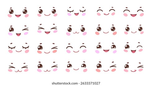 Vector isolated illustrations of cute cartoon faces with different emotions. Big kawaii face collection.