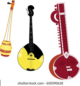 Vector isolated illustrations of folk traditional musical instruments with strings. Ektara, domra, sitar