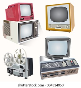 vector isolated illustrations of high detailed televisions, camera and computer. Retro style