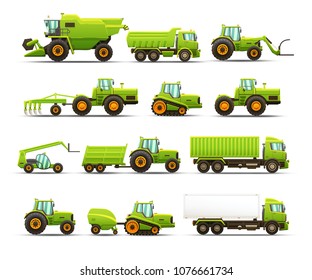 Vector isolated illustrations set of agricultural machinery. Realistic vehicles for different agricultural occupations.