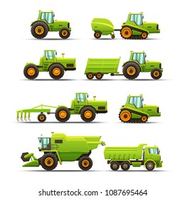 Vector isolated illustrations set of agricultural machinery. Realistic vehicles for different agricultural occupations.