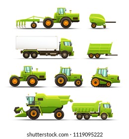 Vector isolated illustrations set of agricultural machinery. Realistic vehicles for different agricultural occupations.