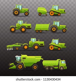 Vector isolated illustrations set of agricultural machinery. Realistic vehicles for different agricultural occupations.