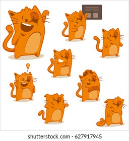 Vector isolated illustrations set. Cartoon charismatic cat in various situations expressing carious emotions.