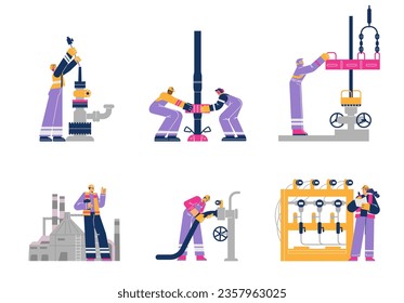 Vector isolated illustrations set of various processes for maintaining the operability of oil and gas production and processing plants. Oil industry workers and engineers on petroleum processing.