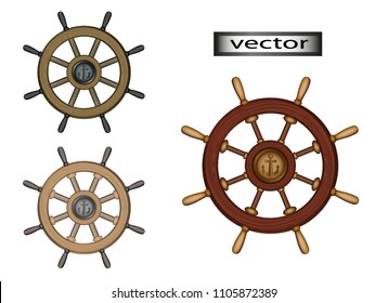 Vector isolated illustration-the steering Wheel of a ship, ship or yacht is a realistic old wooden steering wheel to control the floating means on the water. Marine theme for design.
