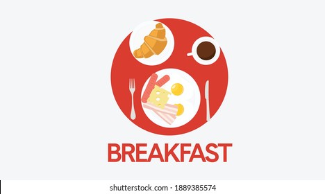 Vector Aislado Ilustración de un Desayuno, con Croissant, Huevos Fritos, Bacon, Queso, Salchichas, Café, Cubertería. Signo de desayuno o icono