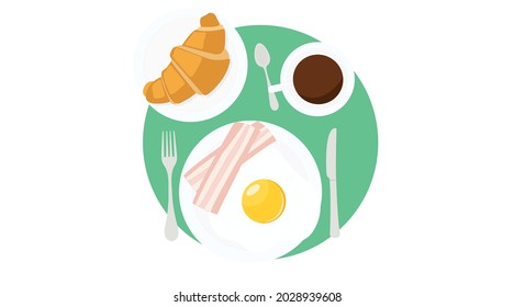 Vector Isolated Ilustration of a Breakfast, with Croissant, Fried Eggs, Bacon, Coffee, Cutlery. Breakfast Sign or Icon