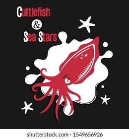 Vector isolated ilustration of cuttlefish, sea stars and ink stain.