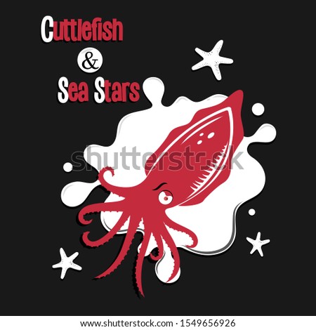 Vector isolated ilustration of cuttlefish, sea stars and ink stain.