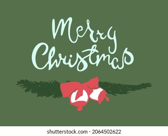 Vector isolated ilustration of the script Merry Christmas with the illustration of a fir branch with a bow and a bell for cards, and posters in EPS file format