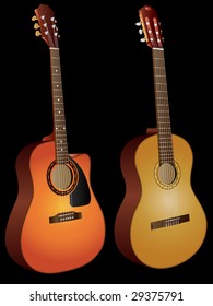 Vector isolated image of acoustic guitars on black background.