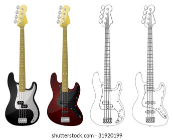 Vector isolated image of bass guitars on white background.