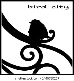 vector isolated image of a black silhouette of a Sparrow sitting on a figured lattice of a garden, bird city