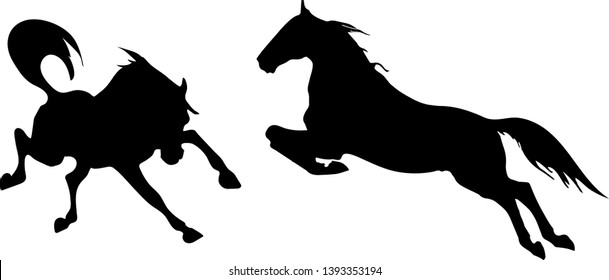 vector isolated image of black silhouettes of two jumping horses