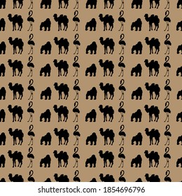 vector isolated image of black silhouettes on a beige background.animals of Africa, orangutan, monkey, camel, Flamingo, bird.clipart, sign icon, label, symbol, logo, print, sticker.seamless brush
