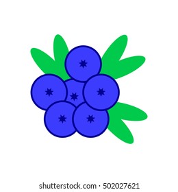 Vector isolated image of blueberries with green leaves on white background in flat style. Icon berries. Culinary ingredient. Juicy component. Detox sign. Healthy eating. Template logo forest fruit.