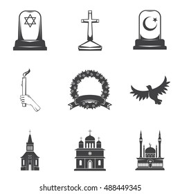 Vector isolated image burial, headstones, graves, funerals and cemeteries. Monochrome line symbols of sorrow and grief. Funeral services and printing. Set of 9 graphic icons