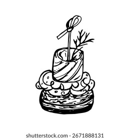 Imagem isolada do vetor de Canape, frutos do mar pequenos sanduíche amarrados no espeto. Lanche de álcool, aperitivo. Um único esboço preto e branco sobre fundo branco.