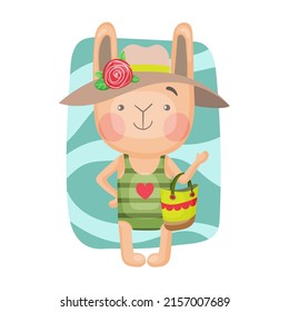 Vector isolated image of a cartoon bunny on the beach in a swimsuit and hat. Children's illustration in hand-drawn style.