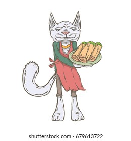 Vector isolated image of the character of the animal cook. National cuisine. Gastronomy. Turkish, angora, shaurma