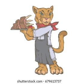 Vector isolated image of the character of the animal cook. National cuisine. Gastronomy.  Asado , puma, South America, Argentina,