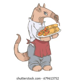 Vector isolated image of the character of the animal cook. National cuisine. Gastronomy. Anteater, mexico, burrito
