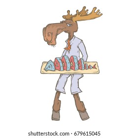 Vector isolated image of the character of the animal cook. National cuisine. Gastronomy. Elk, Scandinavia, fish, Surstromming, Lutefisk