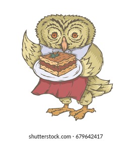 Vector isolated image of the character of the animal cook. National cuisine. Gastronomy. Owl,  