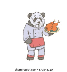 Vector isolated image of the character of the animal cook. National cuisine. Gastronomy. Panda, china, peking duck