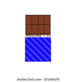 Vector isolated image of chocolate on white background in flat style. Icon sweets. Symbol with torn label. Chocolate bar in modern minimal design. Milk cocoa product. Tasty dessert. EPS 10 GPEG.Blue.