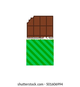 Vector isolated image of chocolate on white background in flat style. Icon sweets. Symbol with torn label. Chocolate bar in modern minimal design. Milk cocoa product. Tasty dessert. EPS 10 GPEG.Bitten